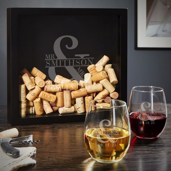 Engraved Shadow Box and Wine Glass Set