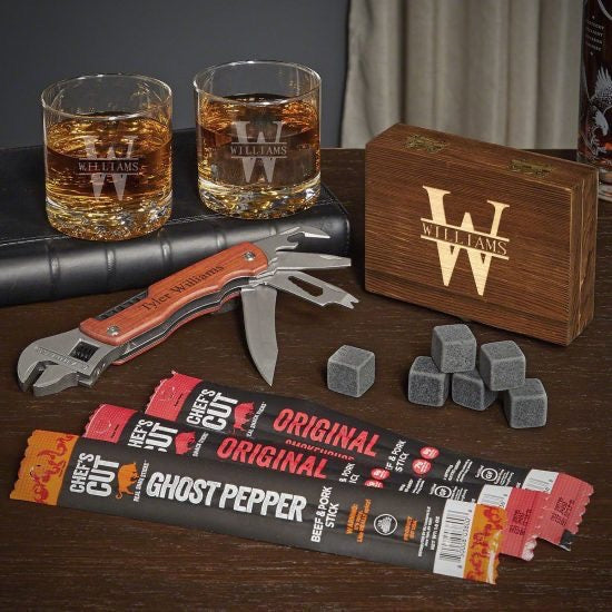 Custom Whiskey Gift Set with Multi Tool and Beef Jerky