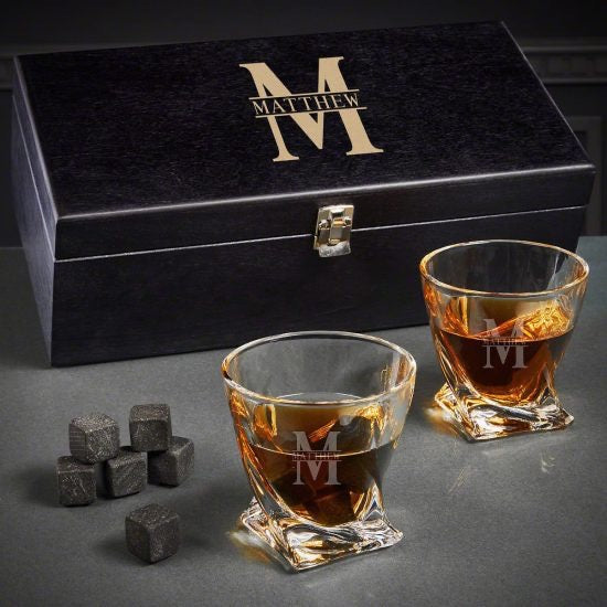 Engraved Whiskey Glass and Stone Box Set
