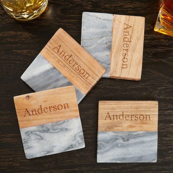 Engraved Marble and Acacia Wood Coasters Set