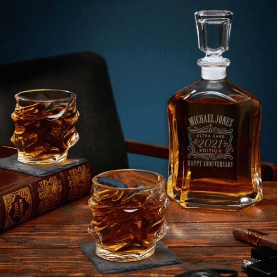 Engraved Whiskey Decanter with Sculpted Glasses