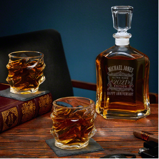 Engraved Whiskey Decanter with Sculpted Glasses