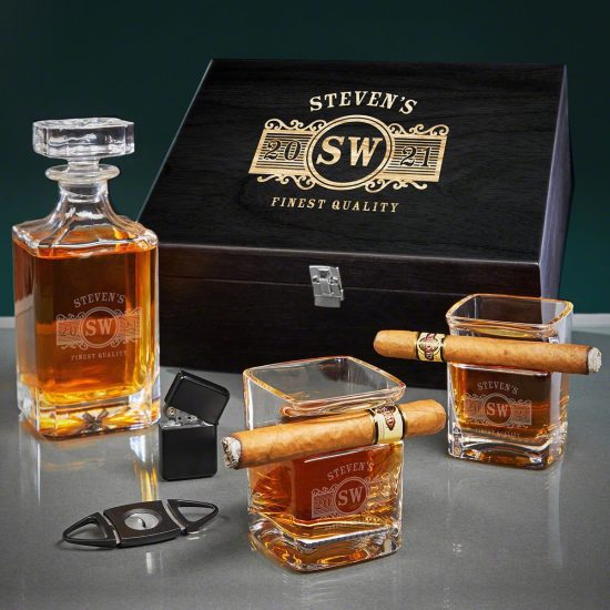 Engraved Decanter and Cigar Glass Box Set