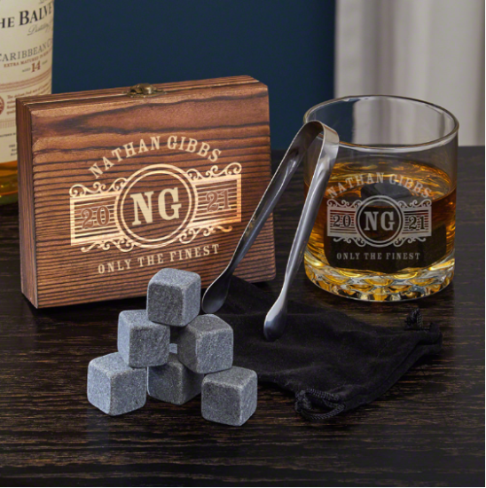 Personalized Whiskey Glass and Stone Set