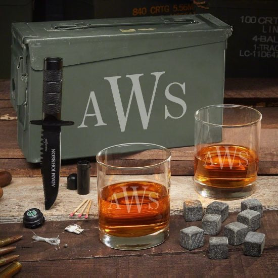 Monogram Whiskey Glasses and Stones Ammo Can Set