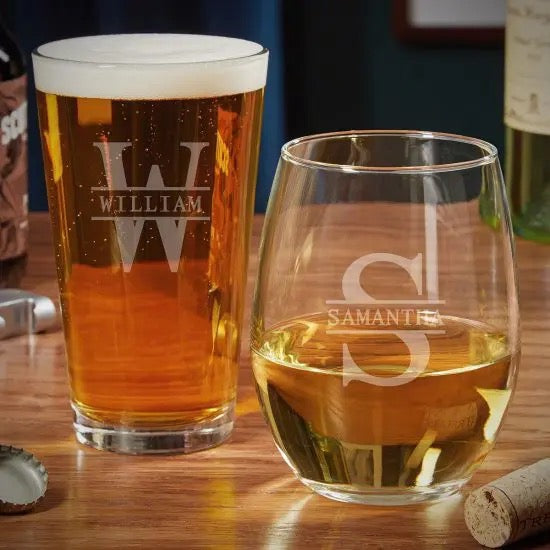 Personalized wine and beer pint glasses for couples