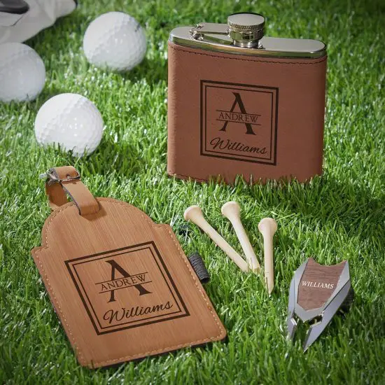 Custom Flask and Bag Tag Set for Golfers Dad Presents