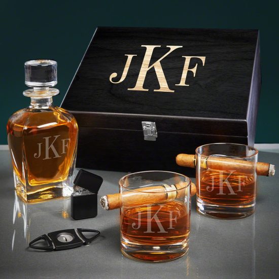 Monogrammed Cigar Whiskey Decanter Box Set