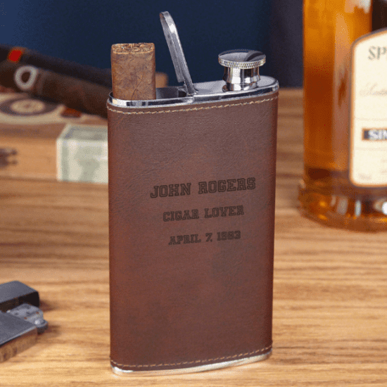 Embossed Liquor Flask with Cigar Holder