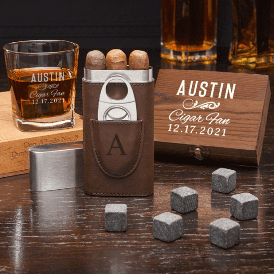 Engraved Whiskey Stone Set with Cigar Holder
