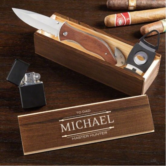 Etched Cigar Box and Knife Set