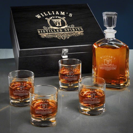 Engraved Whiskey Decanter and Glasses Box Set