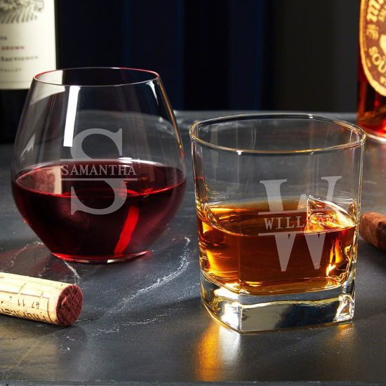 Custom Wine and Whiskey Glass Set Anniversary Gifts