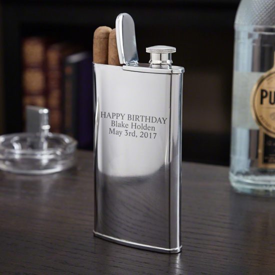 Etched Cigar and Whiskey Flask