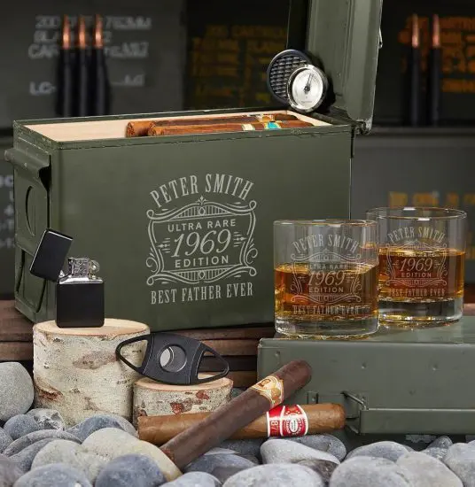 Personalized Cigar Humidor and Whiskey Gift Set