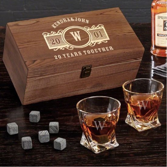 Custom Whiskey 20th Wedding Anniversary Gift Idea Set
