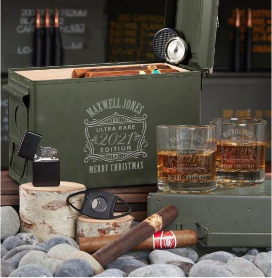 Personalized Cigar Humidor Whiskey Christmas Gift Box Set