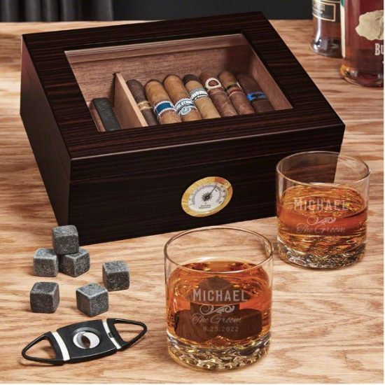 10 Year Anniversary Gifts for Him Cigar Humidor Set with Custom Whiskey Glasses