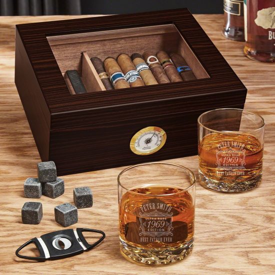 Cigar Humidor with Custom Whiskey Glasses