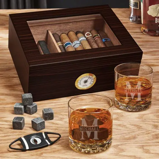 Cigar Humidor with Custom Whiskey Glasses for 1st Anniversary