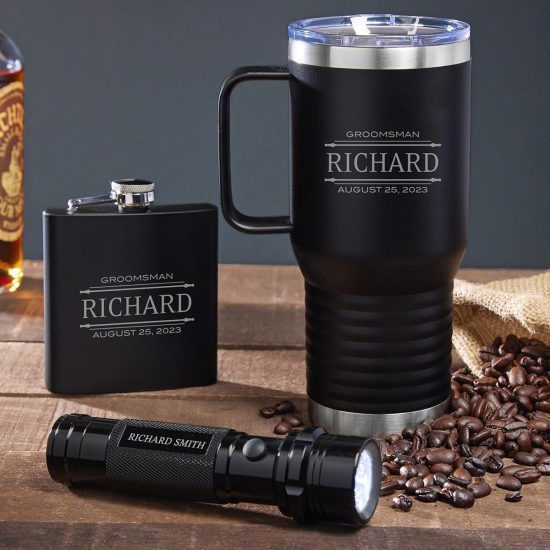 Engraved Coffee Flask and Flashlight