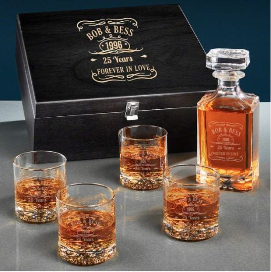 Personalized Whiskey Label Decanter Set of 25th Anniversary Gift Ideas