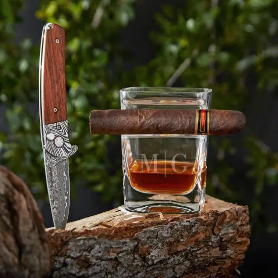 Personalized Cigar Glass with Damascus Knife