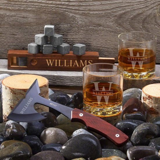 Engraved Whiskey Glass and Hatchet Set