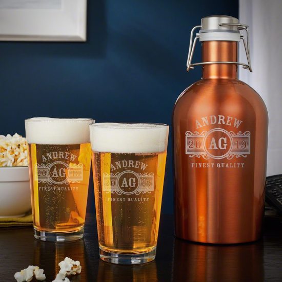 Engraved Copper Beer Growler and Pint Glasses
