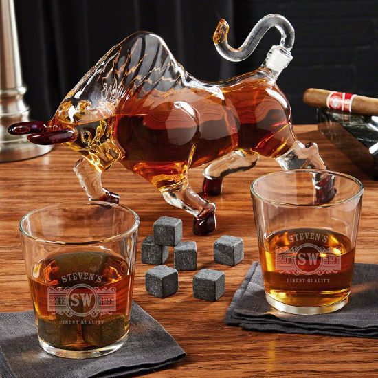Personalized Bull Decanter Whiskey Gift Set for Men