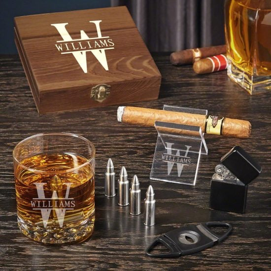 Engraved Bullet Whiskey Stone and Cigar Set