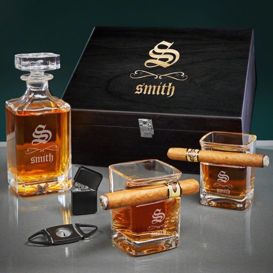 Classy Bourbon Gift Box with Cigar Glass and Decanter