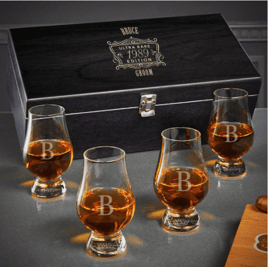 Engraved Whiskey Tasting Groom Gift Box with Glencairn Glasses