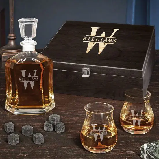 Personalized Whiskey Decanter Box Set with Canadian Glencairn Glasses