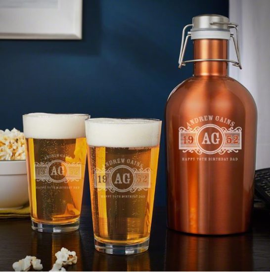 Two Beer Glasses and Growler Gift Set of 70th Birthday Gifts for Men