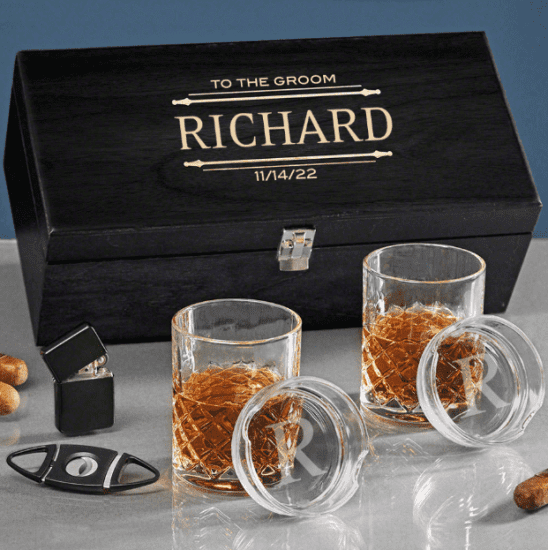 Crystal Whiskey Glass and Cigar Groomsmen Gift to the Groom Idea