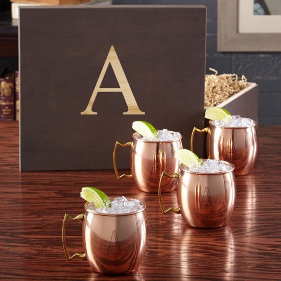 Four Monogrammed Cooper Moscow Mule Mugs
