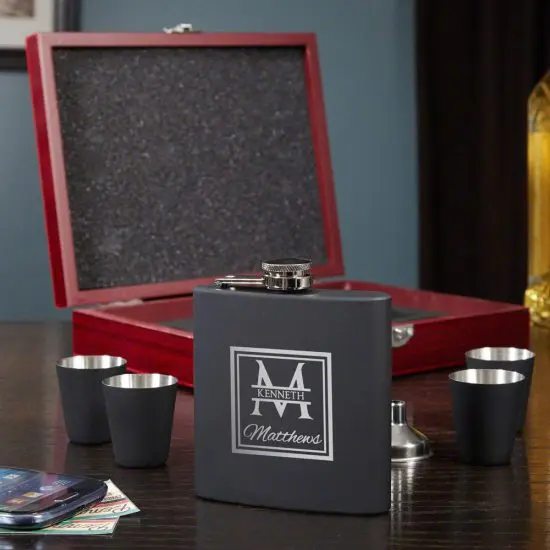 Engraved Flask with Shot Glasses and Box
