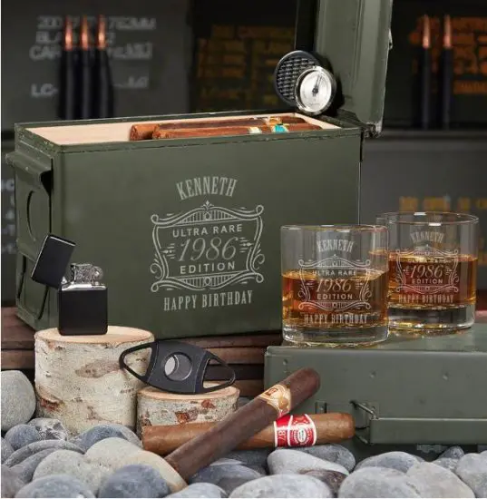 Humidor with Custom Whiskey Glasses Birthday Gift Basket for Him