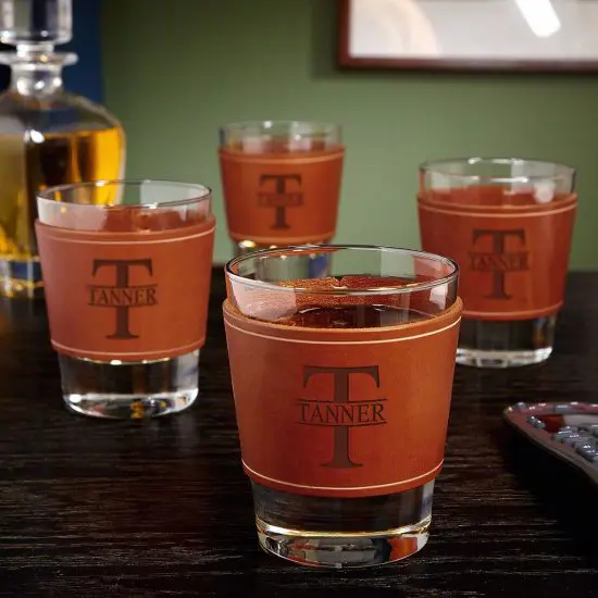 Personalized Leather Grip Whiskey Glasses Set