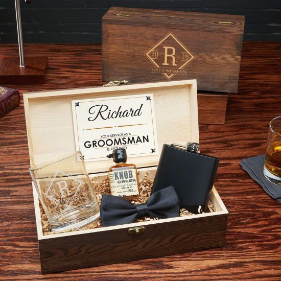 Engraved Groomsmen Gift Set with Flask and Bowtie