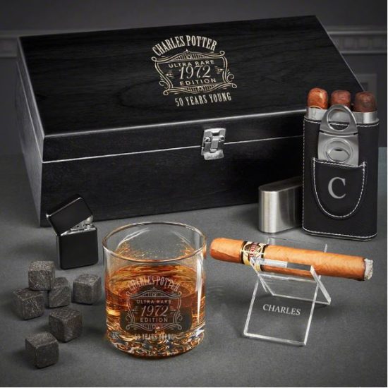 Personalized Cigar and Whiskey Gift Set for His Birthday