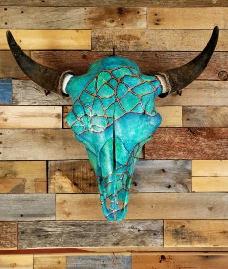 Blue Hand-Painted Bison Skull