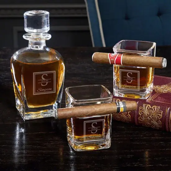 Engraved Whiskey Decanter Set with Cigar Glasses