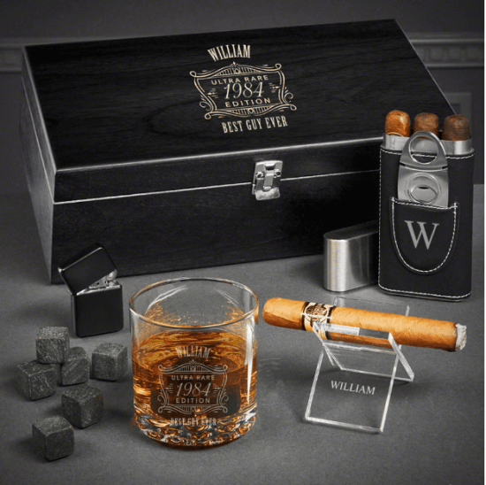 Custom Cigar and Whiskey Box Set of Gifts for Male Friends