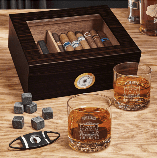 Unique Cigar Humidor and Whiskey Glass Gift Set