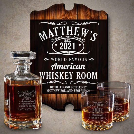 Whiskey Label Sign and Glassware Set of Customized Gifts for Dad