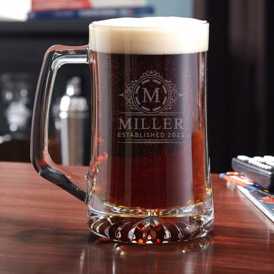 Personalized beer mug full of beer on table