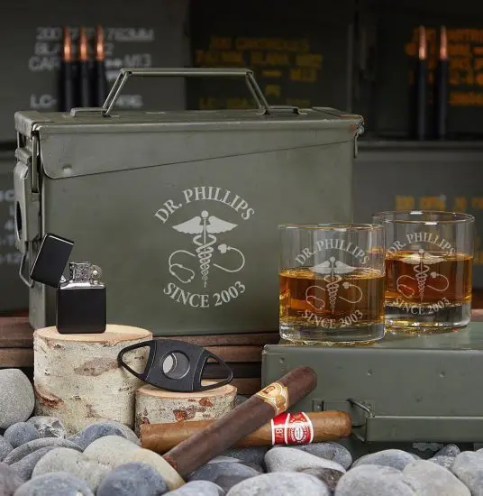 Engraved Whiskey Glass and Ammo Can Gift Set for Medical Students