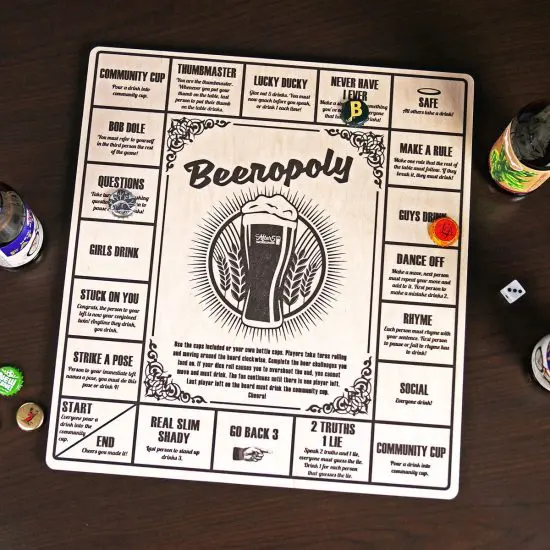 Beeropoly board bame with beers and dice around it